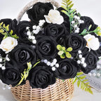 BLEUM CADE 50 Pcs Black Roses Artificial Flowers, Real Touch Velvet Roses Fake Flowers Bulk, Artificial Roses Bouquet with Long Stems Bridal DIY Wedding Party Centerpiece Decorations