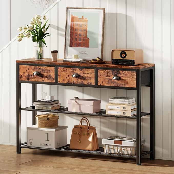 Furologee Entryway Table, 38'' Console Sofa Table with 3 Fabric Drawers, Industrial Entry Way Table with Storage Shelves, Display Shelf for Living Room, Hallway, Entrance, Foyer, Rustic Brown