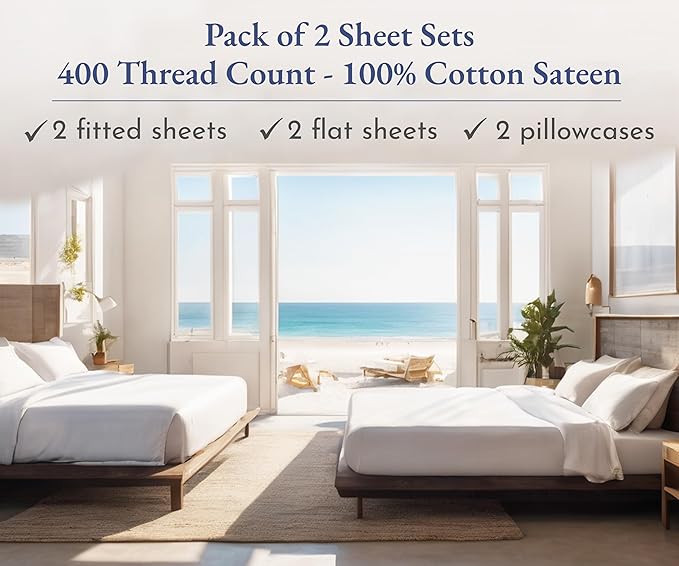 California Design Den 2-Pack Twin Cotton Sheet Sets - 400 Thread Count 100% Cotton Sateen - Extra Soft, Breathable & Cooling Sheets, Wrinkle Resistant, 2 Sets of Deep Pocket Bed Sheets - Light Grey
