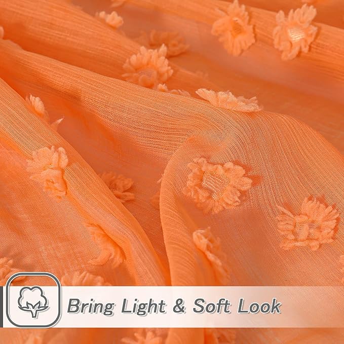 MYSKY HOME Pom Pom Orange Sheer Curtains for Bedroom Girls Room Curtains 72 Inches Long for Nursery Kids Light Filtering Boho Window Drapes, Rod Pocket, 52" Wide, 2 Panels
