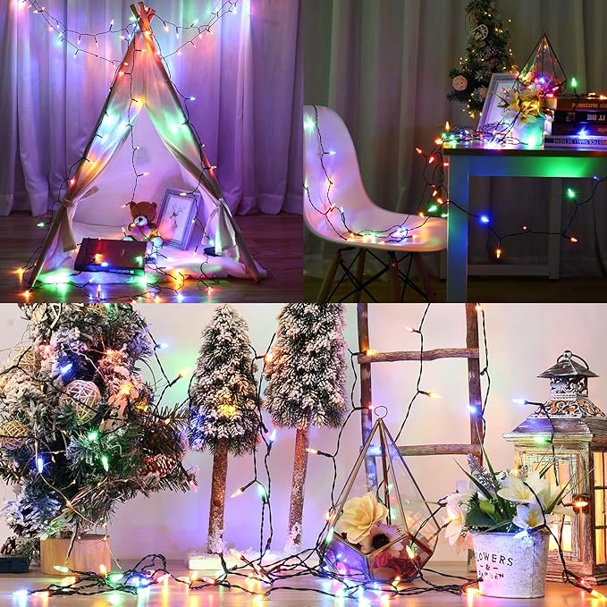 BrizLabs Christmas Lights Multicolor, 2 Pack 17.94ft 50 LED Christmas String Lights, Battery Xmas Tree Light Outdoor/Indoor, Green Wire 8 Modes Mini Xmas Light for Holiday Tree Wreath Lawn Party Decor