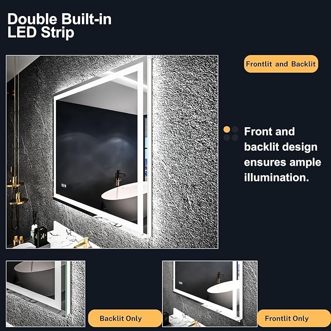 LED Bathroom Mirror 40"x 32", Front Lit and Backlit LED Mirror with Lights,Stepless Dimmable,Anti-Fog, Shatter-Proof, Memory, 3 Colors Lighted Vanity Mirror (Horizontal/Vertical)