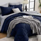 HEVUMYI Full Comforter Set - 7-Piece All Season Bed in a Bag Full, Ultra Soft Bedding Set with Comforter, Flat Sheet, Fitted Sheet, Pillowcases, Pillow Shams, Navy Blue & Light Grey