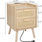 Finnhomy Nightstand with Charging Station, Bedside Table with 2 Hand Made Rattan Decorated Drawers, Night Stand with Storage for Bedroom, Natural, Set of 2
