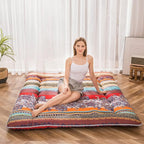 MAXYOYO Bohemian Retro Floor Mattress Vintage Floral Japanese Futon Mattress Roll Up Thicken Sleeping Bed Portable Camping Mattress Floor Lounger Couch Bed Mattress Pad, Queen Size