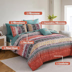 Cottolester Boho Full Comforter Set 8 Pieces,Orange and Green Bohemian Striped Bed in a Bag, Paisley Soft Microfiber Bedding Comforter Set