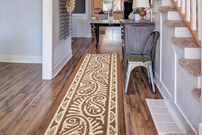 Custom Length Cut to Size Tribal Ethnic Southwestern Inspired Hallway Runner Rug, Non Slip Rubber Backed, 31 inch Wide X Customized Length, Mayan Brown, 31 inch X 20 feet