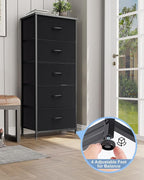 Crestlive Products Vertical Dresser Storage Tower - Sturdy Steel Frame, Wood Top, Easy Pull Fabric Bins - Organizer Unit for Bedroom, Hallway, Entryway, Closets - 5 Drawers(Black)
