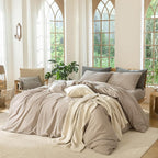 MooMee Bedding Duvet Cover Set 100% Washed Cotton Linen Like Textured Breathable Durable Soft Comfy (Heathered Taupe, Super Queen 90"x98")
