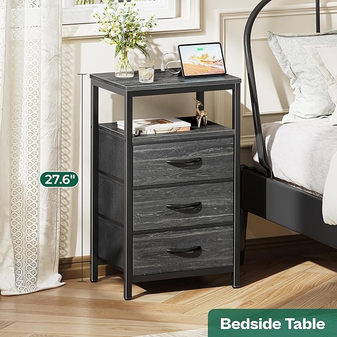 Huuger Nightstand with Charging Station, 27.6 Inch End Table Bedside Table with USB Ports and Outlets, Night Stand for Bedroom, Fabric Drawers, Charcoal Black Wood Grain Print