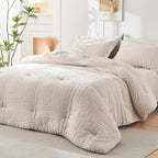 HYMOKEGE Beige Oversized King Comforter Set Seersucker 7 Pieces, All Season Luxury Bed in a Bag for Bedroom, Bedding Set with Comforter, Sheets, Pillowcases & Shams
