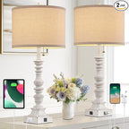 Farmhouse Table Lamps for Bedroom Set of 2, 29.5" Tall Rustic Bedside Lamp with USB Ports and AC Outlet, Vintage Nightstand Table Lamp for Living Room with Linen Drum Shade, White, Pull Chain