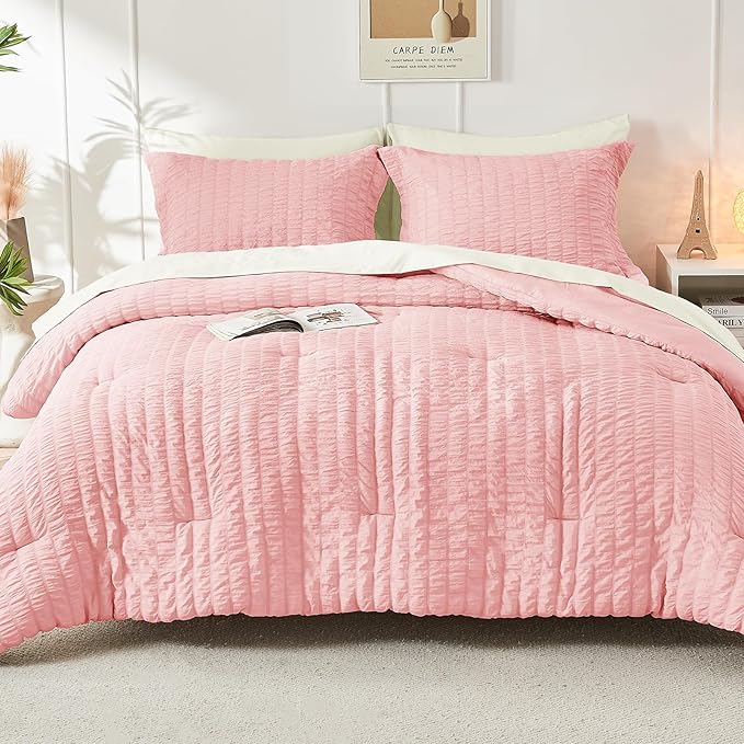 HYMOKEGE Pink/Ivory California King Comforter Set Seersucker 7 Pieces, All Season Luxury Bed in a Bag for Bedroom, Bedding Set with Comforter, Sheets, Pillowcases & Shams