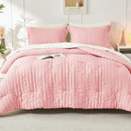 HYMOKEGE Pink/Ivory California King Comforter Set Seersucker 7 Pieces, All Season Luxury Bed in a Bag for Bedroom, Bedding Set with Comforter, Sheets, Pillowcases & Shams