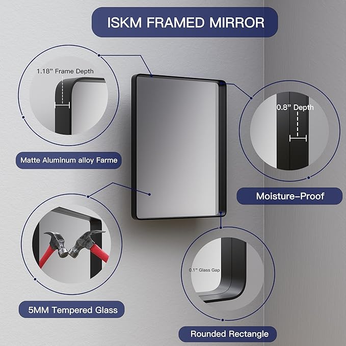 ISKM Silver Framed Mirror for Wall 20"x 16", Bathroom Vanity Mirror Anti-Rust, Tempered Glass, Rounded Rectangle Mirror(Horizontal/Vertical)
