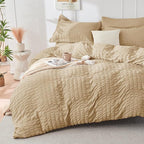 HYMOKEGE Khaki Twin XL Comforter Set Seersucker 5 Pieces, All Season Luxury Bed in a Bag for Bedroom, Bedding Set with Comforter, Sheets, Pillowcase & Sham