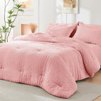 HYMOKEGE Rose Pink King Size Comforter Set Seersucker 7 Pieces, All Season Luxury Bed in a Bag for Bedroom, Bedding Set with Comforter, Sheets, Pillowcases & Shams
