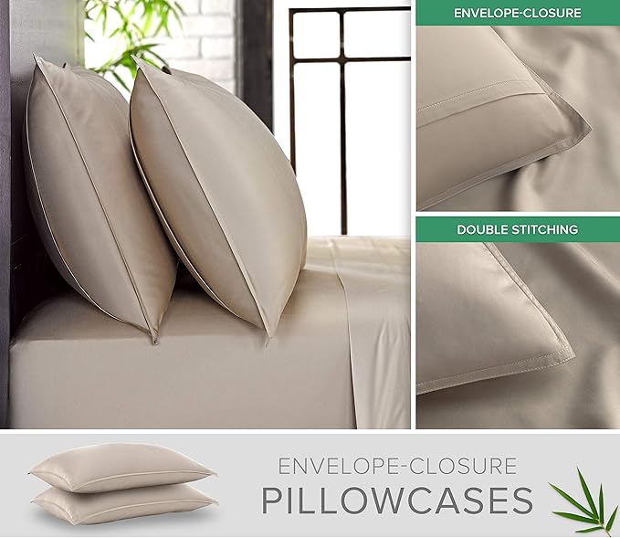 Twin Sheets by Pure Bamboo, Genuine 100% Organic Viscose Derived from Bamboo Bed Sheet Set, Luxuriously Soft & Cooling, Double Stitching, Lifetime Quality Promise (Twin, Sand)