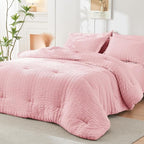 HYMOKEGE Pink Queen Comforter Set Seersucker 7 Pieces, All Season Luxury Bed in a Bag for Bedroom, Bedding Set with Comforters, Sheets, Pillowcases & Shams