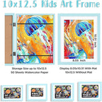 KINLINK 10x12.5 Kids Art Frames Set of 2, Solid Wood Kids Artwork Frames Changeable with Acrylic Front Opening Holds 150 Pictures, Art Frame for Kids Artwork with Mat or without Mat, Light Blue
