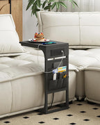 TUTOTAK C Shaped End Table with Charging Station, Side Table for Sofa and Couch with Storage, TV Tray Table with 2 USB Ports & Outlets - Black TB01BK024