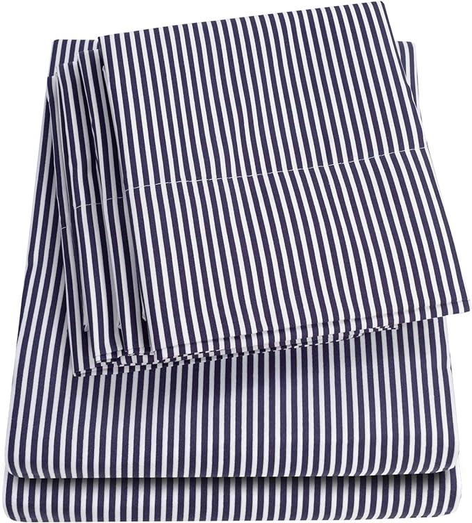 Full Size Bed Sheets - 6 Piece 1500 Supreme Collection Fine Brushed Microfiber Deep Pocket Full Sheet Set Bedding - 2 Extra Pillow Cases, Great Value, Full, Classic Stripe Navy