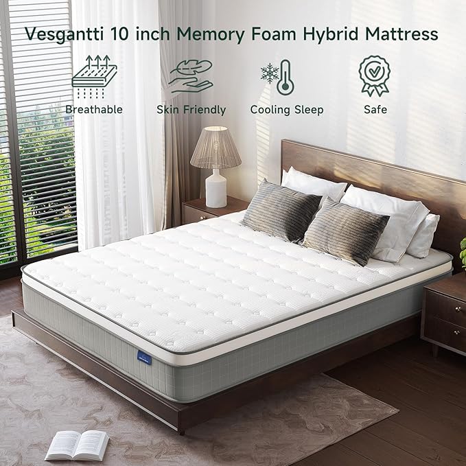 Vesgantti Queen Mattresses, 12 Inch Innerspring Hybrid Queen Size Mattress, Pressure Relief Pocket Spring Bed Mattress in a Box with Breathable Memory Foam, Medium Firm Plush, CertiPUR-US