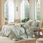 MooMee Bedding Duvet Cover Set 100% Washed Cotton Linen Like Textured Breathable Durable Soft Comfy (Heathered Sage Green, Alaska King 132"x120")
