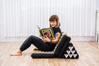 Leewadee Comfortable Japanese Floor Mattress - Thai Floor Bed with Triangle Cushion - Futon Mattress - XL Extra Wide Thai Massage Mat, 67 x 31 inches, Black Orange, Kapok Filling