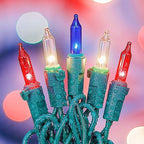 50 Count Red White and Blue Mini String Lights with Green Wire,Connectable 13ft 120V Waterproof 4th of July Patriotic Incandescent Lights, Independence Day Lights for Outdoor Indoor Decor