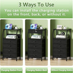 Furnulem Night Stand with Charging Station, 4 Drawer Dresser with Storage Shelf, 33.3 Inch Tall Side Table, Fabric End Table for Closet, Entryway, Bedside Furniture, 3 Ways to Use, Black Oak