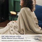 PHF 100% Cotton Waffle Weave Throw Blanket，Pre-Washed Snag Proof Lightweight Breathable Moisture-Wicking for Layering in Cold Weather for Couch Bed,Machine Washable,Home Decor Gift-Khaki/Simply Taupe