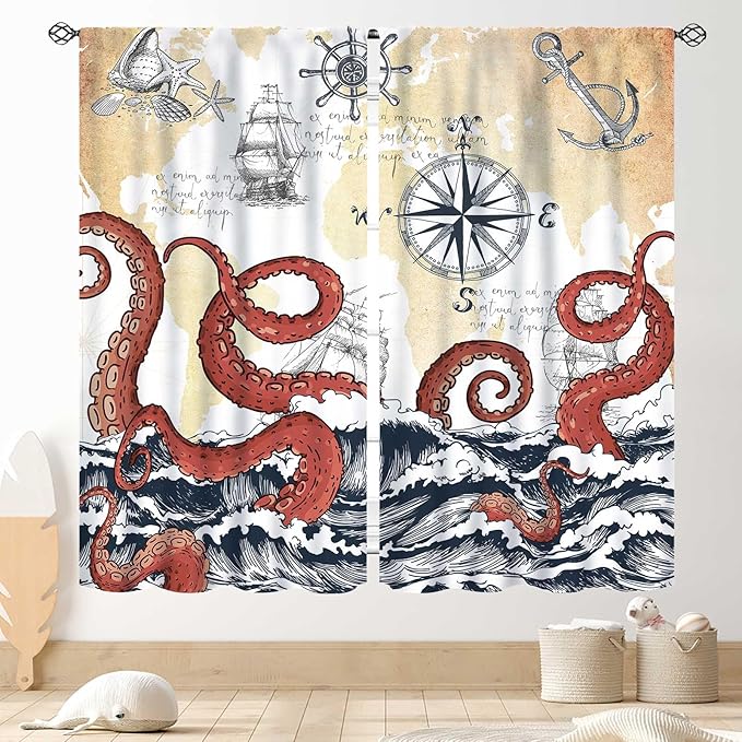 Nautical Octopus Curtains, Coastal Old Pirate Map Sailboat Compass Ocean Wave Kraken Octopus Tentacles Vintage Window Drapery Treatment for Bedroom Living Room Kitchen Bathroom 2 Panels, 42"x45" Inch