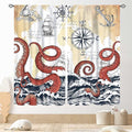 Nautical Octopus Curtains, Coastal Old Pirate Map Sailboat Compass Ocean Wave Kraken Octopus Tentacles Vintage Window Drapery Treatment for Bedroom Living Room Kitchen Bathroom 2 Panels, 42"x63" Inch