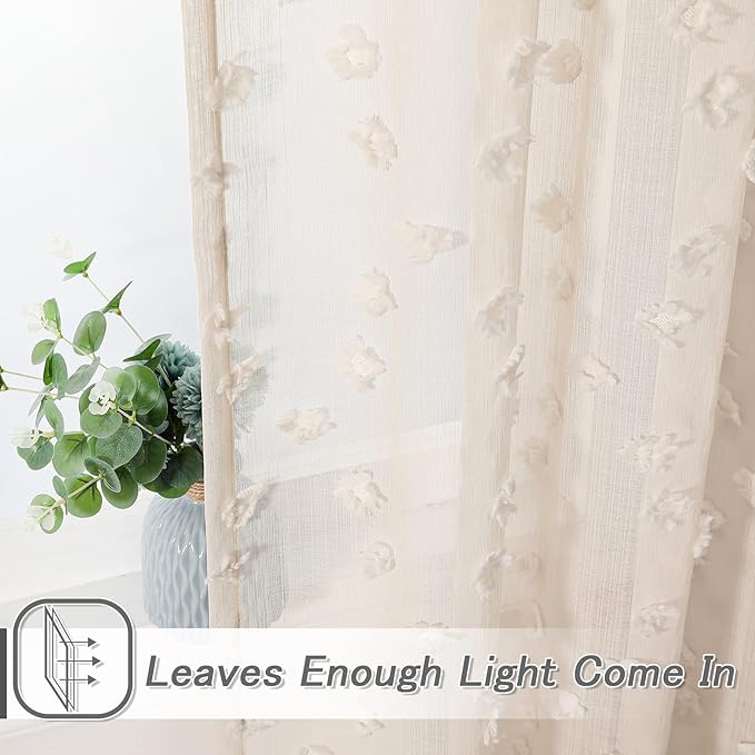 MYSKY HOME Pom Pom Beige Sheer Curtains for Bedroom Girls Room Curtains 63 inch Length for Nursery Kids Light Filtering Boho Window Drapes, Rod Pocket, 52" Wide, 2 Panels