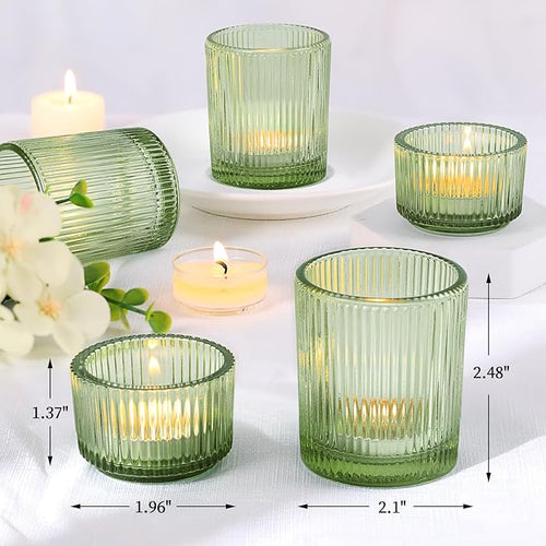 10pcs Ribbed Green Votive Candle Holders for Wedding Table Decor, Assorted Tea Light Candle Holder Glass, Green Candle Holders for Table Centerpieces, Brithday and Tea Party Decorations