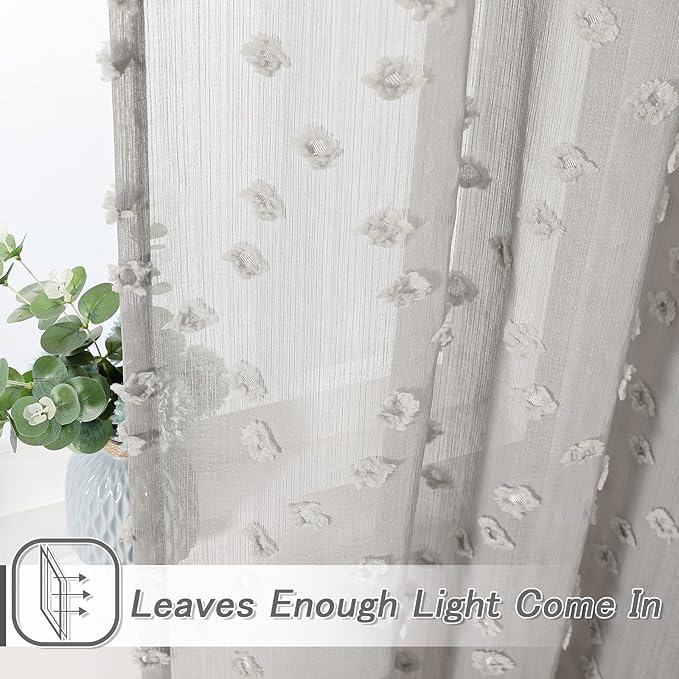 MYSKY HOME Grey Sheer Short Curtains with Pom Pom for Small Windows Bedroom Nursery Kids Girls Room Curtains Cafe Kitchen Light Filtering Boho Drapes, Rod Pocket,52x 45 Inches, 2 Panels