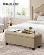 SONGMICS Storage Ottoman, Storage Bench, Tufted Entryway Bedroom Bench, 17.7 x 46.5 x 17.7 Inches, Hinges Easy Lid Operation, Wooden Legs, Linen-Look Cover, Loads 330 lb, Camel Brown ULOM070K01