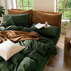 MooMee Bedding Duvet Cover Set 100% Washed Cotton Linen Like Textured Breathable Durable Soft Comfy (Solid Forest Green, Cal King 104"x98")