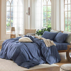 MooMee Bedding Duvet Cover Set 100% Washed Cotton Linen Like Textured Breathable Durable Soft Comfy (Heathered Blue, Palatial King/Oversized King 120"x98")
