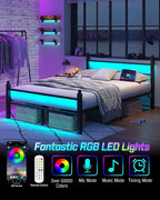 Full Bed Frame with Headboard and Footboard, Metal Bed Frame with Charging Station and LED Lights, Under Bed Storage, No Box Spring Needed,Noise Free, Black