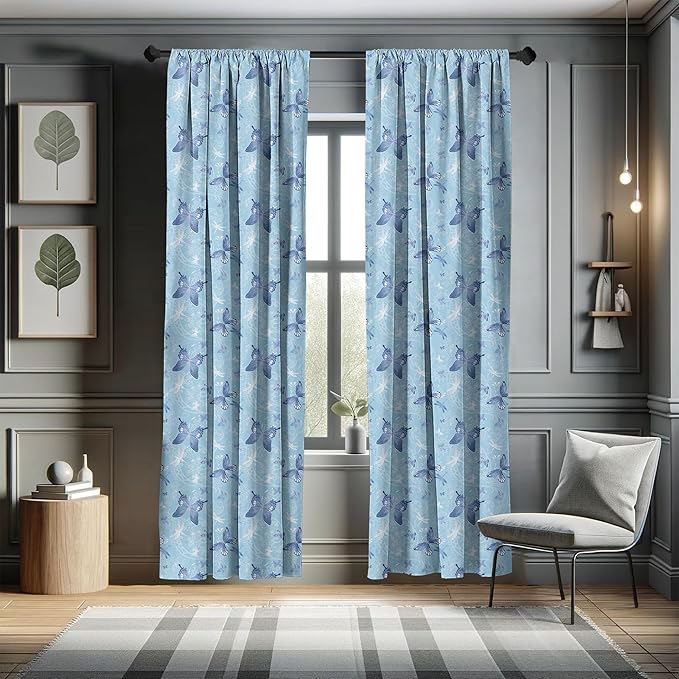 Ambesonne Butterfly Window Curtains, Pastel Color Dragonflies Floral Arrangement Swirls Curves Spring, Lightweight Decor 2-Panel Set with Rod Pocket, Pair of - 28" x 95", White Blue