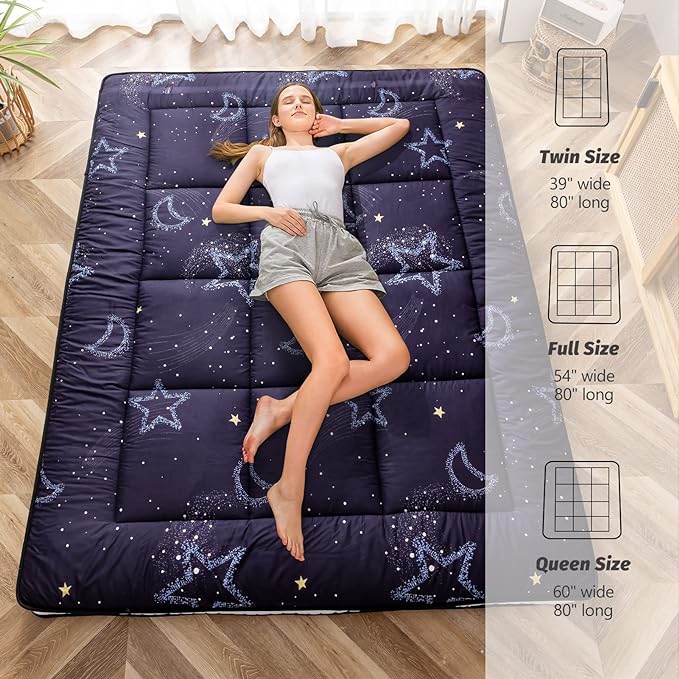 MAXYOYO Black Moon and Star Futon Mattress, Japanese Floor Mattress Quilted Bed Mattress Topper, Extra Thick Folding Sleeping Pad Breathable Floor Lounger Guest Bed for Camping Couch, Twin