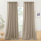 RYB HOME Extra Long Linen Curtains for Dining Room 120 inches Long, Back Tab Farmhouse Light Filtering Privacy Lightweight Floor Sweeping Drapes for Living Room, Khaki, 52" W, 2 Panels