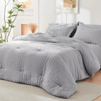 HYMOKEGE Light Grey Queen Comforter Set Seersucker 7 Pieces, All Season Luxury Bed in a Bag for Bedroom, Bedding Set with Comforters, Sheets, Pillowcases & Shams