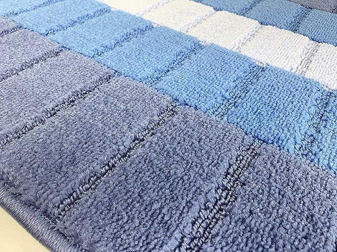 Custom Size Coastal Nautical Style Runner Rug Carpet for Hallway Entryway, Slip Resistant Latex Rubber Backed, 31 inch Wide X Customized Length, Squares Blue, 31 inch X 20 feet