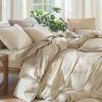 MooMee Bedding Duvet Cover Set 100% Washed Cotton Linen Like Textured Breathable Durable Soft Comfy (Heathered Almond Milk Grey, Oversized Queen 98"x98")