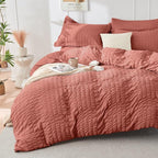 HYMOKEGE Coral Queen Comforter Set Seersucker 7 Pieces, All Season Luxury Bed in a Bag Queen for Bedroom, Bedding Set with Comforter, Sheets, Pillowcases & Shams
