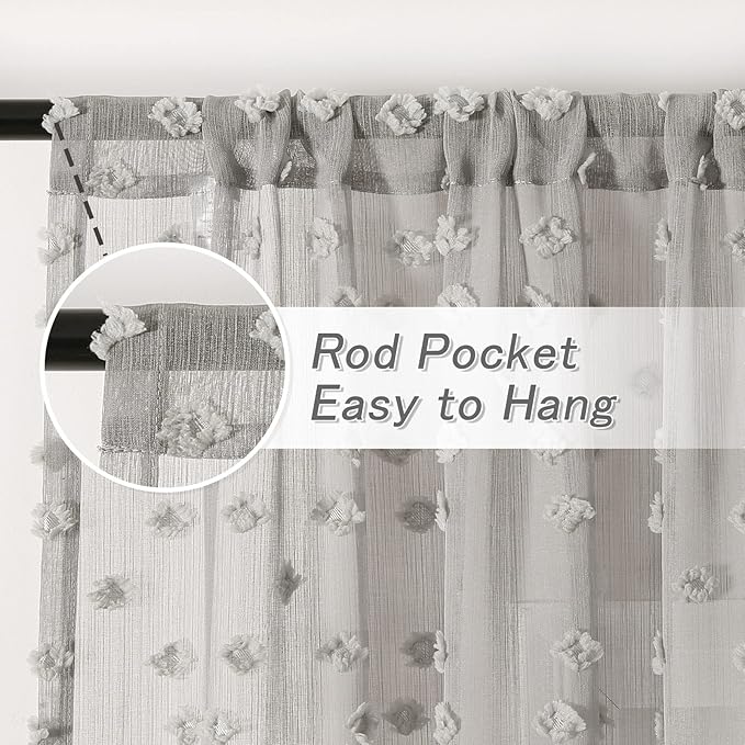 MYSKY HOME Pom Pom Grey Sheer Curtains for Bedroom Girls Room Curtains 63 inch Length for Nursery Kids Light Filtering Boho Window Drapes, Rod Pocket, 52" Wide, 2 Panels