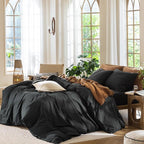 MooMee Bedding Duvet Cover Set 100% Washed Cotton Linen Like Textured Breathable Durable Soft Comfy (Solid Black, Oversized King Plus 128"x120")